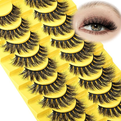Lashes Fluffy Eyelashes Wispy False Lash Natural Mink Eyelash Strips 10 Pairs 8D Doll Eye Volume Eyelashes Reusable Thick Wispies Crossed Lash Packs Fake Strip Lashes for Women
