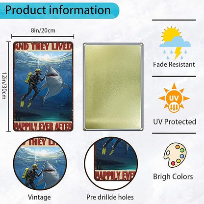 Diver And Shark Metal Tin Sign 8x12 Inch And They Lived Happily Ever After Poster Diver And Shark Tin Sign Home Kitchen Garden Bar Restaurant Cafe Office Shop Cave Man Are Wall Decor