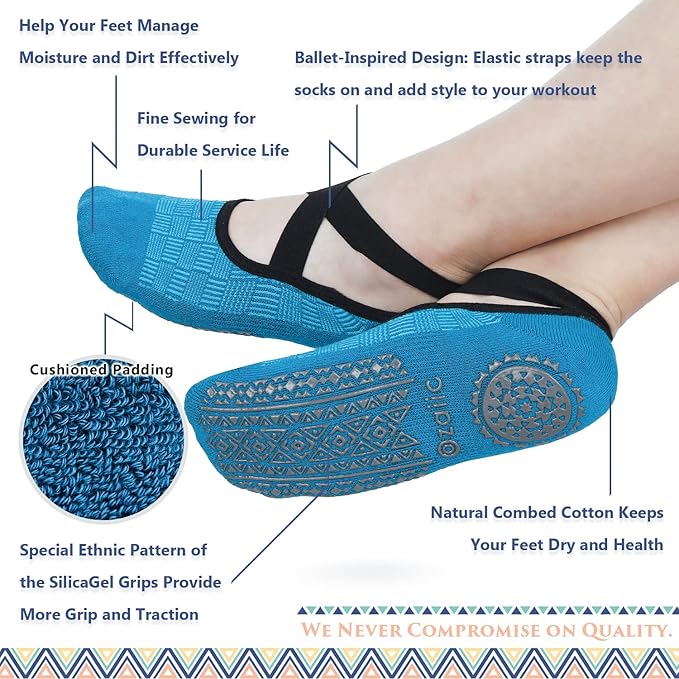 Ozaiic Yoga Socks for Women Non-Slip Grips & Straps, Ideal for Pilates, Pure Barre, Ballet, Dance, Barefoot Workout