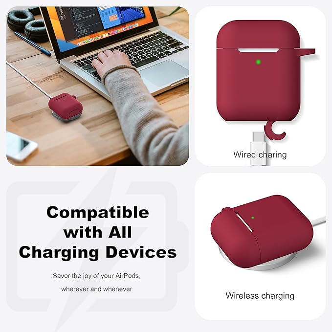 R-fun Compatible with AirPods Case Cover, Soft Silicone Protective Cover with Keychain for Women Men Compatible with Apple AirPods 2nd 1st Generation Charging Case, Front LED Visible,Wine red