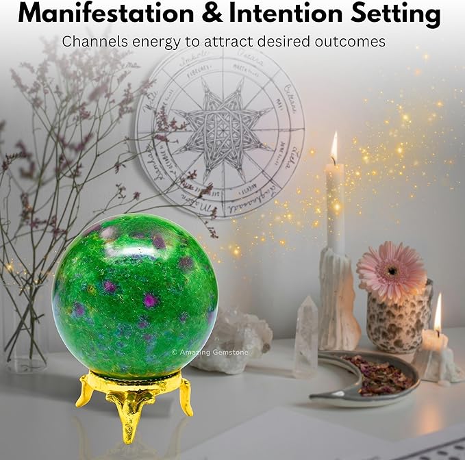Amazing Gemstone Ruby Zoisite Crystal Ball with Stand - 2 Inches Crystal Sphere Meditation Balls for Witchcraft and Decorative Balls