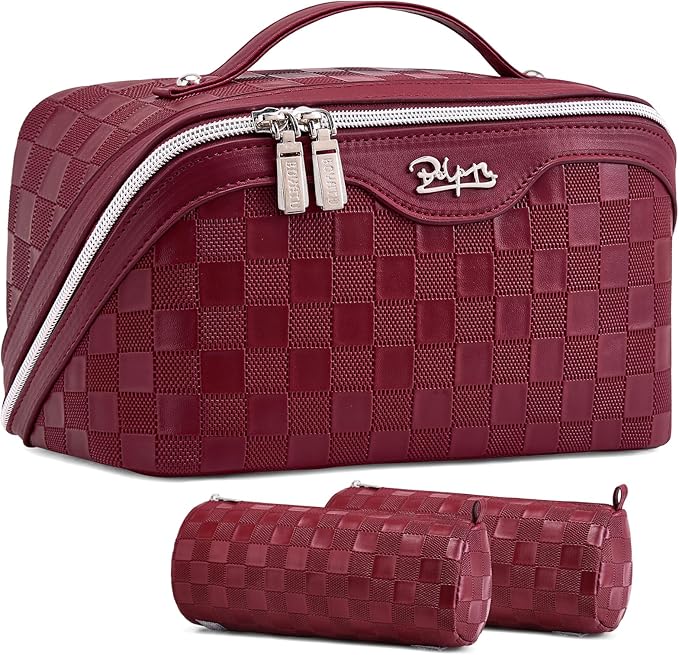BOYATU Travel Makeup Bag Organizer Cosmetic Bag: 3 Pcs Set Make up Bags for Women with Handle - Waterproof Vegan Leather Toiletry Bags Travel Essentials Pouch with Compartments (C-11-Red)