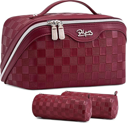 BOYATU Travel Makeup Bag Organizer Cosmetic Bag: 3 Pcs Set Make up Bags for Women with Handle - Waterproof Vegan Leather Toiletry Bags Travel Essentials Pouch with Compartments (C-11-Red)