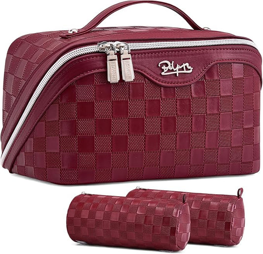 BOYATU Travel Makeup Bag Organizer Cosmetic Bag: 3 Pcs Set Make up Bags for Women with Handle - Waterproof Vegan Leather Toiletry Bags Travel Essentials Pouch with Compartments (C-11-Red)