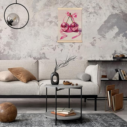 Funky Y2K Pink Ribbon Cherry Disco Ball Wall Art, Disco Ball Room Decor, Y2K Room Decor, Preppy Room Decor, Trendy Retro Aesthetic Canvas Wall Art Poster Hanger Frame, 12x16 Inches