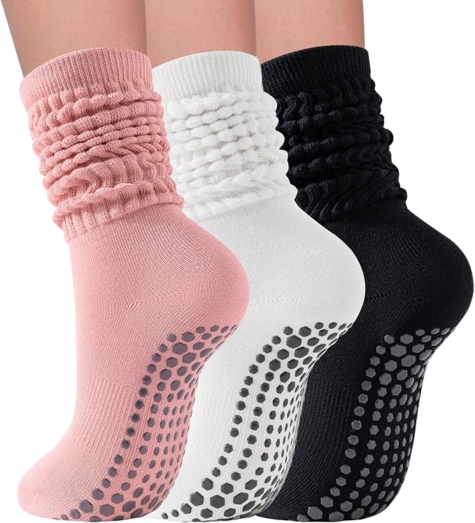 3 Pairs Grip Pilates Socks for Women Non Slip Long Slouchy Socks for Yoga Barre Workout Hospital