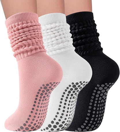 3 Pairs Grip Pilates Socks for Women Non Slip Long Slouchy Socks for Yoga Barre Workout Hospital