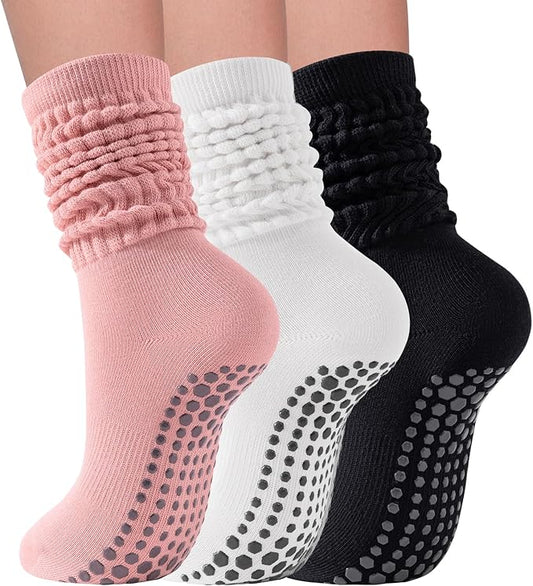 3 Pairs Grip Pilates Socks for Women Non Slip Long Slouchy Socks for Yoga Barre Workout Hospital