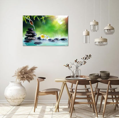 YIOZHAOFH Spa Canvas Print Art Nature Zen Painting Relaxing Bathroom Wall Art Decor White Lotus Pictures Framed Artwork Inhale Exhale Poster Office Decor for Spa Room Bedroom (20L x 30W)
