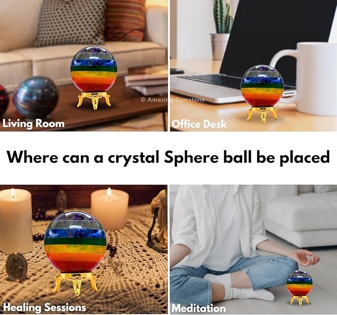 Amazing Gemstone Chakra Crystal Ball with Stand - 2 Inches Crystal Sphere Meditation Balls for Witchcraft and Decorative Balls