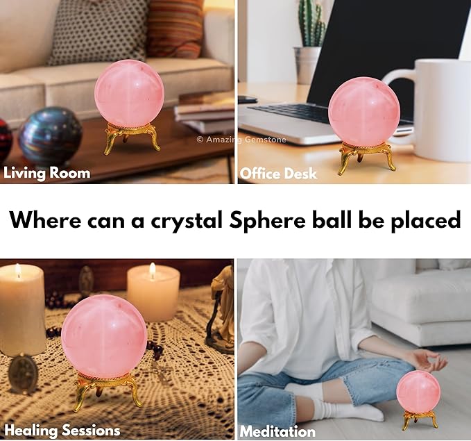 Amazing Gemstone Star Rose Quartz Crystal Ball with Stand - 2 Inches Crystal Sphere Meditation Balls for Witchcraft and Decorative Balls