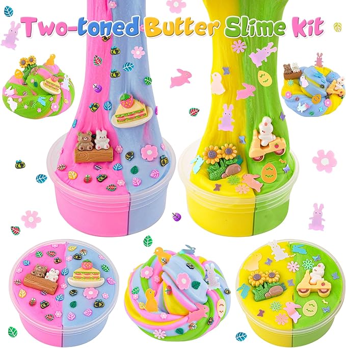 LAWOHO 2X120ml Butter Slime Kit Includes Two-Toned Butter Slimes with 6 Packs Add-Ins, Easter Slime Making Kit for Kids Party Favors Birthday Halloween Christmas Easter Basket Stuffers for Girls Boys