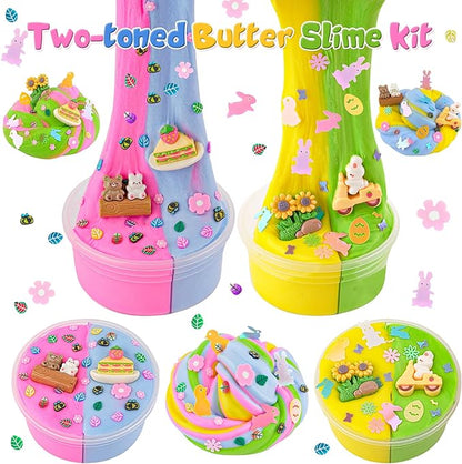LAWOHO 2X120ml Butter Slime Kit Includes Two-Toned Butter Slimes with 6 Packs Add-Ins, Easter Slime Making Kit for Kids Party Favors Birthday Halloween Christmas Easter Basket Stuffers for Girls Boys