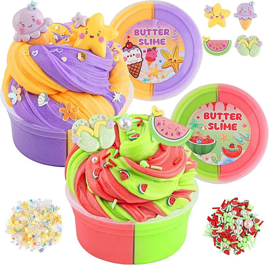 LAWOHO 2X120ml Butter Slime Kit Includes Two-Toned Butter Slime with 6 Packs Add-Ins, Slime for Kids Party Favors, Butter Slime for Kids Birthday Halloween Christmas, Slime Kit for Girls & Boys(Sand)
