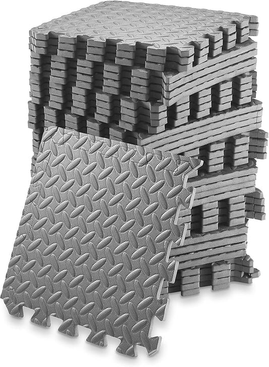 Philosophy Gym Pack of 36 Exercise Flooring Mats - 12 x 12 Inch Foam Rubber Interlocking Puzzle Floor Tiles - Gray