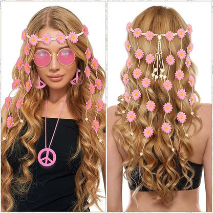 6 Pcs Hippie Costume Accessories Set, Flower Hippie Headband Boho Peace Sign Necklace Earrings Sunglasses Bracelet