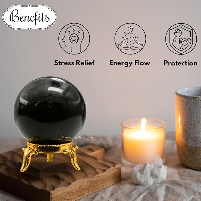 Amazing Gemstone Black Tourmaline Crystal Ball with Stand - 2" Inches Crystal Sphere Meditation Balls for Witchcraft and Decorative Balls