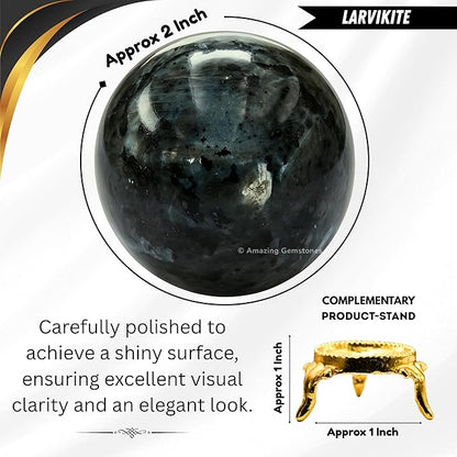 Amazing Gemstone Larvikite Crystal Ball with Stand - 2" Inches Crystal Sphere Meditation Balls for Witchcraft and Decorative Balls