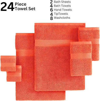 LANE LINEN 100% Luxury Cotton Towel Set for Bathroom - 24 Pc- Absorbent, Skin Friendly, Quick Drying - 2 Bath Sheets, 4 Bath, 6 Hand Towel, 8 Washcloth, 4 Fingertip - Durable & Fluffy - Living Coral
