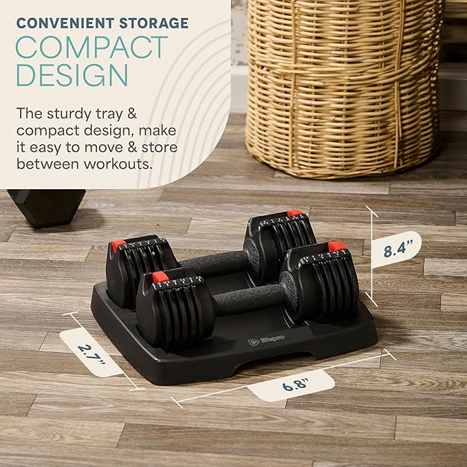 Lifepro Adjustable Dumbbells Set - 5in1-15lb 25lb 43lb 55lb weights Set & Single with Rack - Quick Adjust, Secure Grip - Compact Hand Weights for Men Women Home Gym
