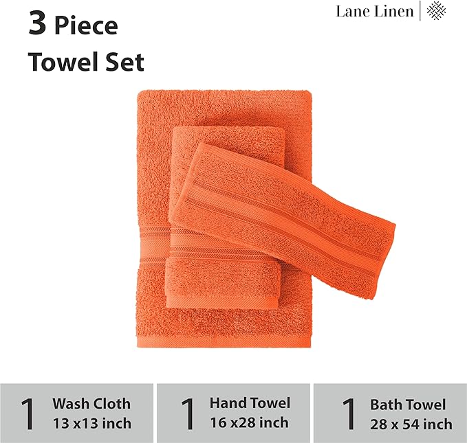 LANE LINEN Luxury Bath Towels Set - 3 Piece Set, 100% Cotton Bathroom Towel, Zero Twist, Quick Dry Absorbent Towels, Super Soft, 1 Bath Towel, 1 Hand Towel, 1 Wash Cloths - Tiger Lily