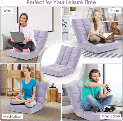 Moccha 14-Position Floor Sofa, Folding Sofa Chair with Back Support, Memory Foam Floor Gaming Chairs for Adults, Adjustable Padded Couch Recliner, Chaise Lounge for Reading, Meditating (Light Purple)