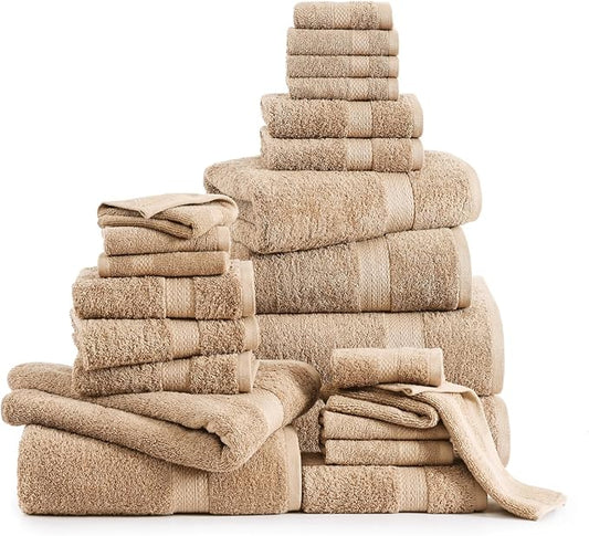 LANE LINEN 100% Cotton Towels Set for Bathroom - 24 Pc - Absorbent, Fast Drying, Machine Washable, Soft & Fluffy - 2 Bath Sheet, 4 Bath, 6 Hand Towel, 8 Washcloth, 4 Fingertip - Eco Friendly - Beige