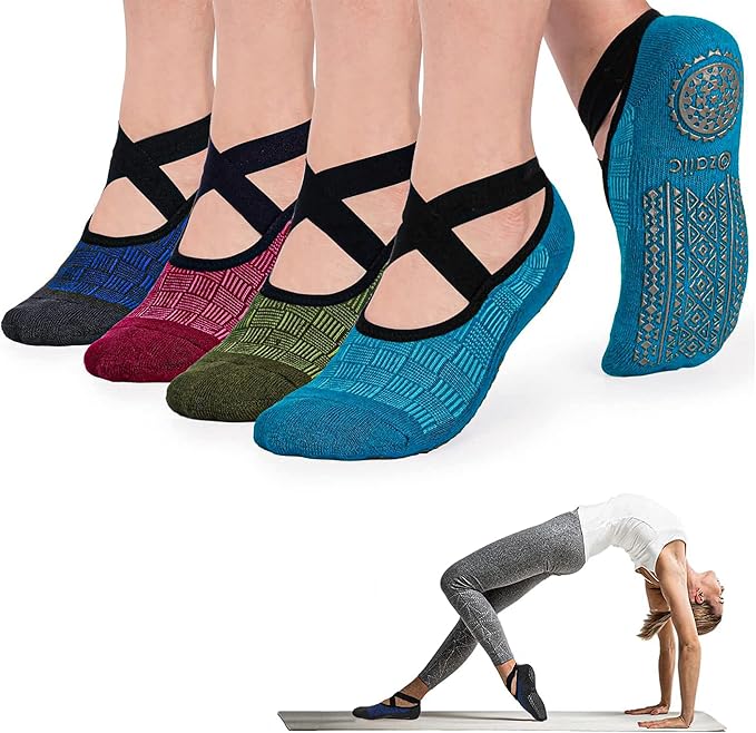 Ozaiic Yoga Socks for Women Non-Slip Grips & Straps, Ideal for Pilates, Pure Barre, Ballet, Dance, Barefoot Workout