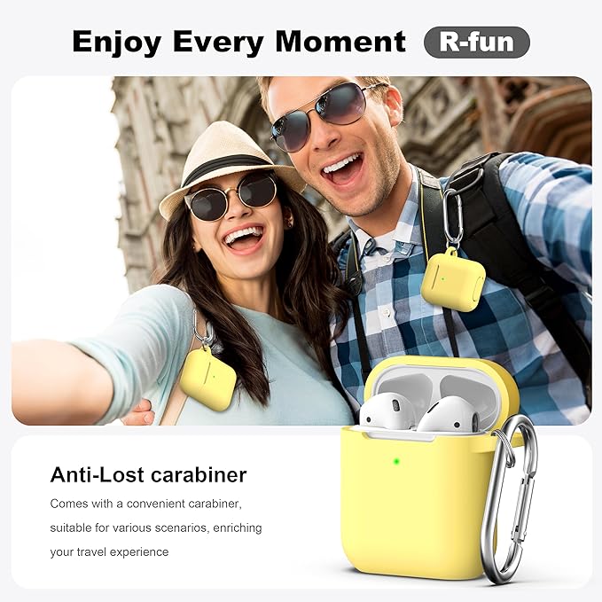 R-fun Compatible with AirPods Case Cover, Soft Silicone Protective Cover with Keychain for Women Men Compatible with Apple AirPods 2nd 1st Generation Charging Case, Front LED Visible,Yellow