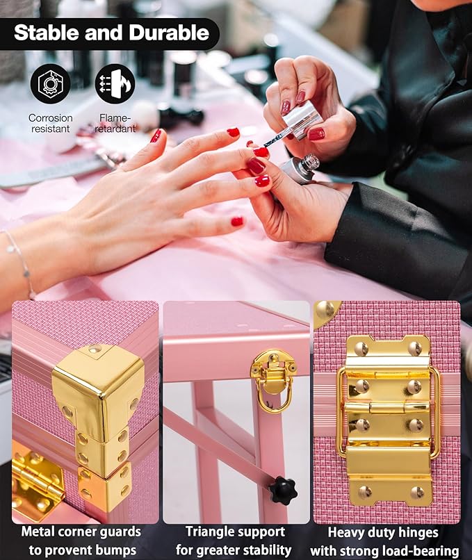 Icoget Portable Nail Table, Rolling Manicure Table w/3 Color Light and Speaker, Portable Nail Tech Desk, Foldable Nail Travel Case for Nail Tech w/Wheel, Colorful Pink