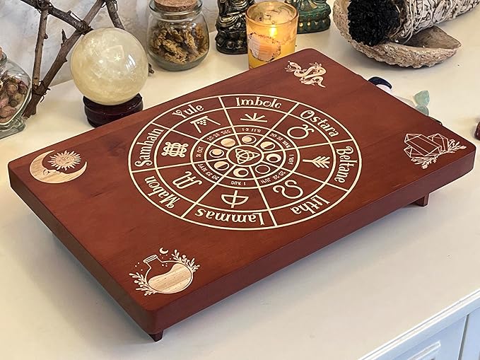 Altar Table, Meditation Table, Small Altar Table, Wooden Witch Altar, Wiccan Alter Table, Buddhist Shrine, Engraved The Wheel of The Year on Table Top, 12 × 8 inches