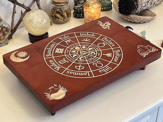Altar Table, Meditation Table, Small Altar Table, Wooden Witch Altar, Wiccan Alter Table, Buddhist Shrine, Engraved The Wheel of The Year on Table Top, 12 × 8 inches