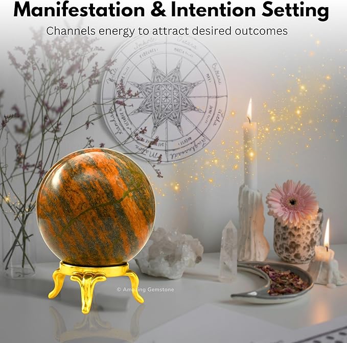 Amazing Gemstone Unakite Crystal Ball with Stand - 2 Inches Crystal Sphere Meditation Balls for Witchcraft and Decorative Balls