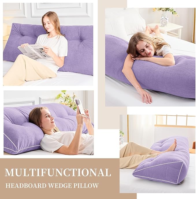 Sasttie Headboard Pillow Queen, Wedge Pillow Headboard for Sitting Up in Bed, Back-Rest Support Triangular Cushion for Reading - Features Removable Washable Cover, Purple