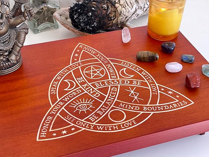 Altar Table, Meditation Table, Small Altar Table, Wooden Witch Altar, Wiccan Alter Table, Buddhist Shrine, Engraved Triquetra （The Celtic Trinity Knot） on Table Top, 12 × 8 inches