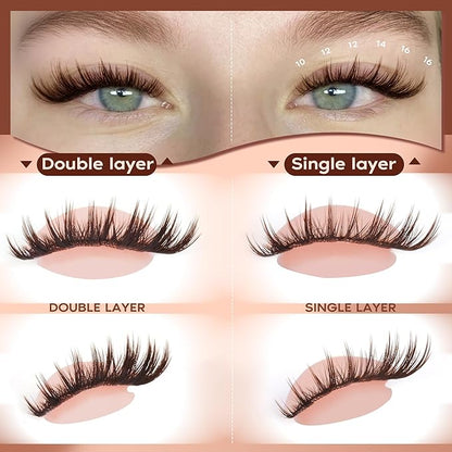 Focipeysa Brown Lash Clusters Wispy Eyelash Extensions Spiky Lash Extension Natural Eyelash Extension 10-16mm Eyelash Clusters Brown Fairy Individual Lashes Clusters C Curly DIY Salon Effect Lashes