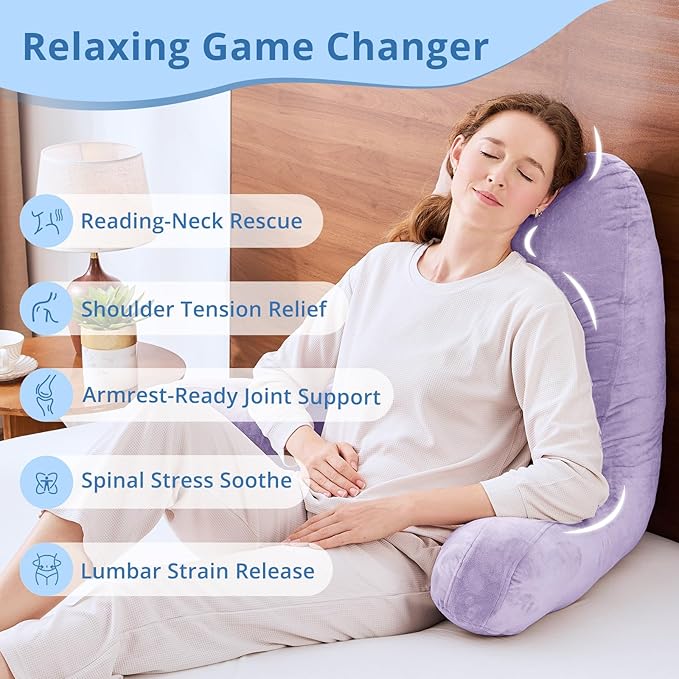 Sasttie 25-inch Reading Pillows for Sitting in Bed Adult, Jumbo Velvet Back Pillow Bed Sitting Up, XL High Back-Rest Support Cushion for Sit Up on Couch & Floor, Oeko-Tex Certified, Lavender
