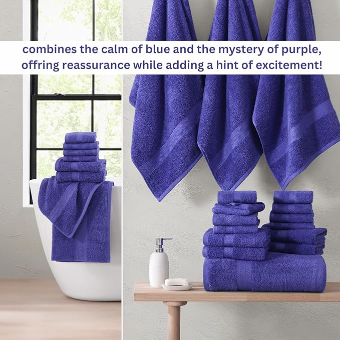LANE LINEN 100% Cotton Bathroom Towels Set - 24 Pcs - Absorbent, Ideal for Guest, Spa & Daily Use - 2 Bath Sheets, 4 Bath, 6 Hand Towels, 8 Washcloth, 4 Fingertip - Ideal for Boys & Dorm - Blue Irish