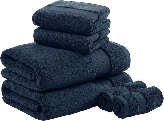 Madison Park Turkish 100% Cotton Towel Set, 600Gsm Luxury Premium Weight, Soft Absorbent Hotel Bathroom Shower Hand Face Washcloths, Assorted Sizes Navy 6 Piece