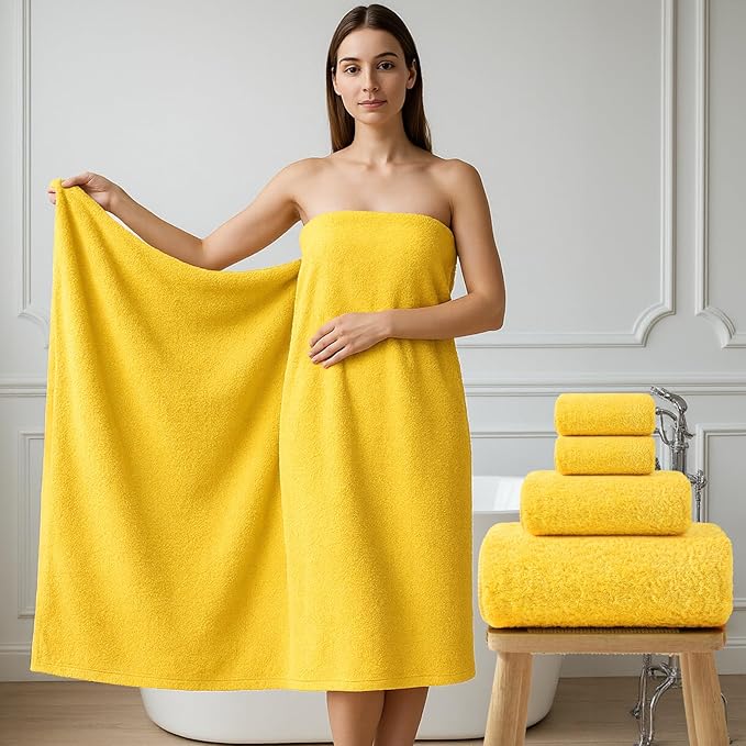 REDKISS Luxury Bath Towel Set of 4, 100% Cotton 900 GSM Premium Bathroom Towels, Ultra Soft, Highly Absorbent & Quick Dry Bath Sheets, No Shedding, Hotel & Home Spa Towel Sets for Adults - Yellow