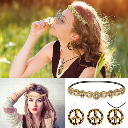 6 Pcs 60s 70s Outfits for Women Hippie Costume Set Peace Sign Earring Headband Fringe Vest Tassel Cardigan