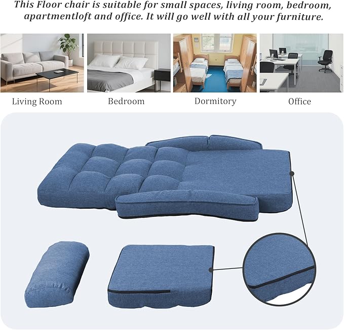Adjustable Floor Chair for Adults with Back Suppor,5-Position Folding Lazy Sofa with Pillow, Gaming & Meditation Chair with Breathable Fabric - for Living Room, Bedroom, Office,Balcony (Blue)