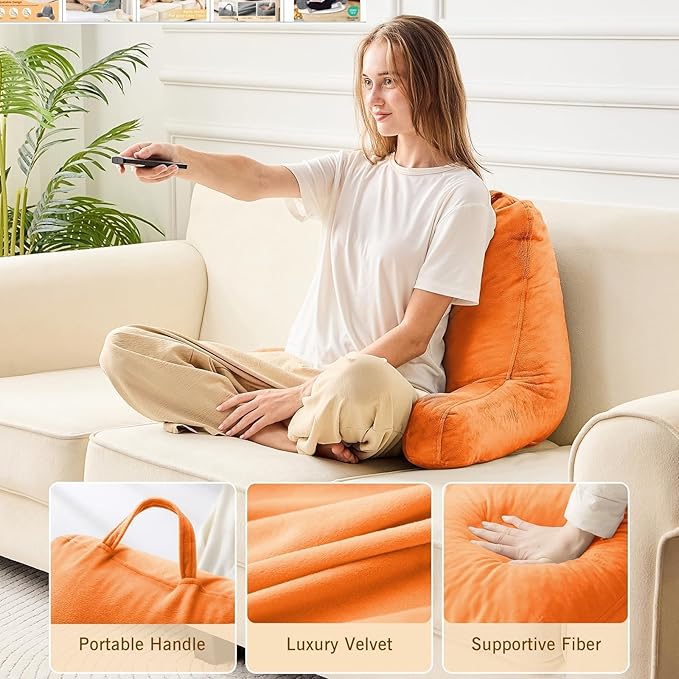 Sasttie Reading Pillow, Velvet Back Pillow for Bed Sitting Up, Adult Back-Rest Support Cushion with Arms for Sit Up on Couch, Sofa, and Floor, Dorm Essentials, Reading Accessories, Orange