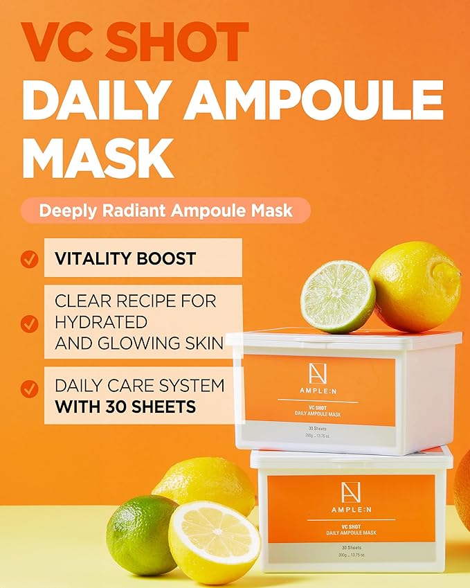 VC Shot Daily Ampoule Mask - Korean Face Sheet Masks with Vitamin C for Radiant Skin Tone Daily Facial Treatment with Niacinamide for Hydration & Complexion Enhancement, 30 Sheets