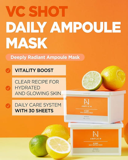VC Shot Daily Ampoule Mask - Korean Face Sheet Masks with Vitamin C for Radiant Skin Tone Daily Facial Treatment with Niacinamide for Hydration & Complexion Enhancement, 30 Sheets