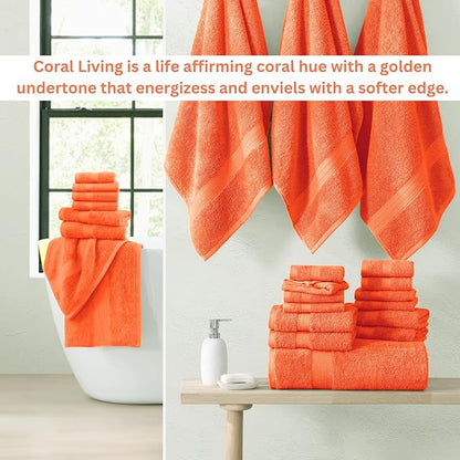 LANE LINEN 100% Luxury Cotton Towel Set for Bathroom - 24 Pc- Absorbent, Skin Friendly, Quick Drying - 2 Bath Sheets, 4 Bath, 6 Hand Towel, 8 Washcloth, 4 Fingertip - Durable & Fluffy - Living Coral