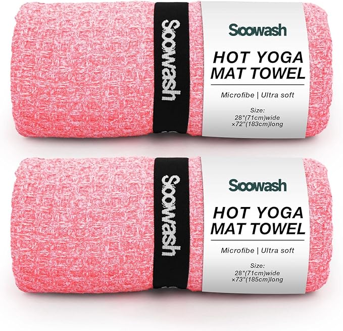 2 Pack Hot Yoga Towel Yoga Mat Towels Non Slip for Hot Yoga Stickyfiber Microfiber Quick Dry Soft Absorbent with Corner Pockets Cover Bikram Pilates Exercise Fitness 28" X 72"Pink