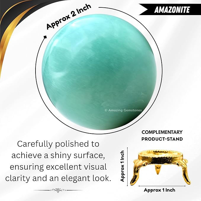 Amazing Gemstone Amazonite Crystal Ball with Stand - 2" Inches Crystal Sphere Meditation Balls for Witchcraft and Decorative Balls