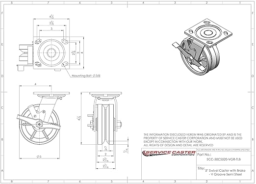 V Groove Semi Steel Cast Iron Swivel Top Plate Heavy Duty Caster with 5 Inch Wheel and Top Lock Brake – 1,100 lbs. Capacity/Caster - Service Caster Brand