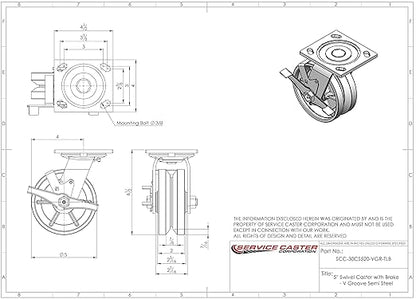 V Groove Semi Steel Cast Iron Swivel Top Plate Heavy Duty Caster with 5 Inch Wheel and Top Lock Brake – 1,100 lbs. Capacity/Caster - Service Caster Brand